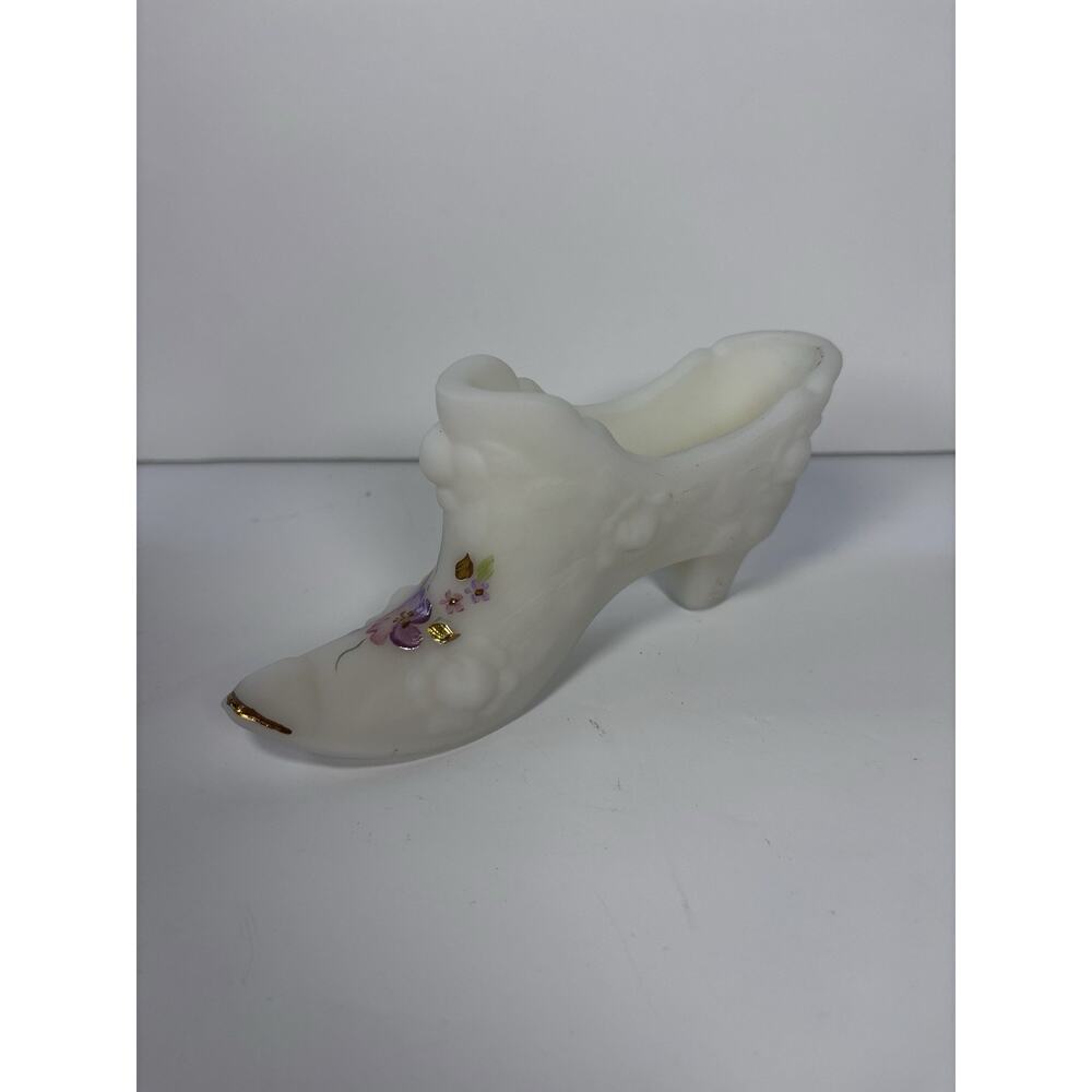 Fenton White Satin Glass Hand Painted Floral Victorian Shoe Artist Signed - Picture 5 of 7